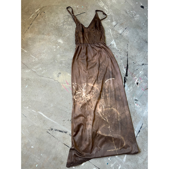 Vintage Slip dress, Maxi, 70s, Lingerie, Open back, Batik Hand painted
